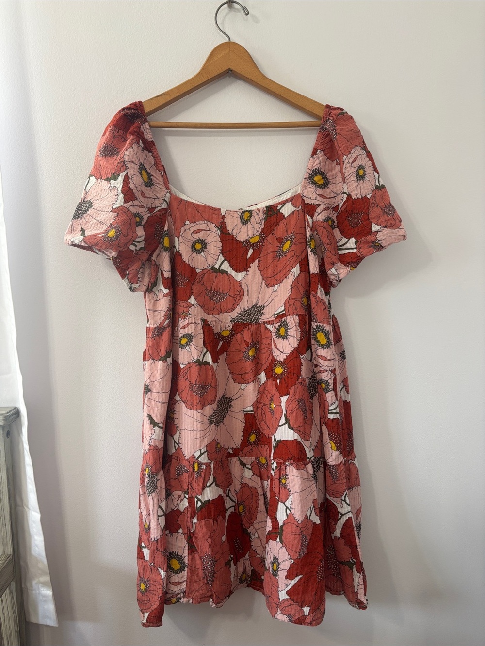 LOFT Red and Pink Floral Puff-Sleeve Mini Dress